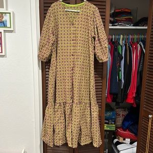 Lime green and purple embroidered midi dress